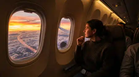 Passager regardant par le hublot d'un avion au coucher du soleil