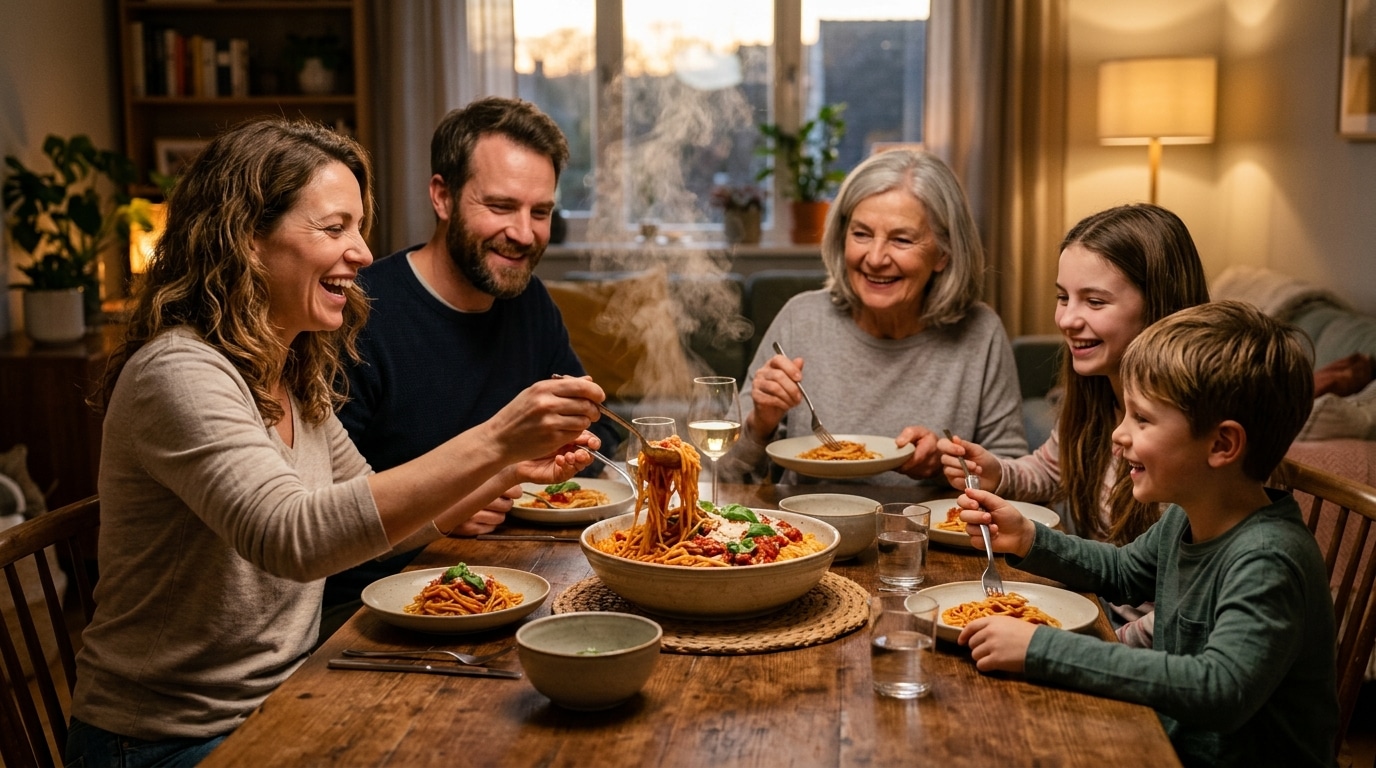 Famille partageant un plat de pâtes à table