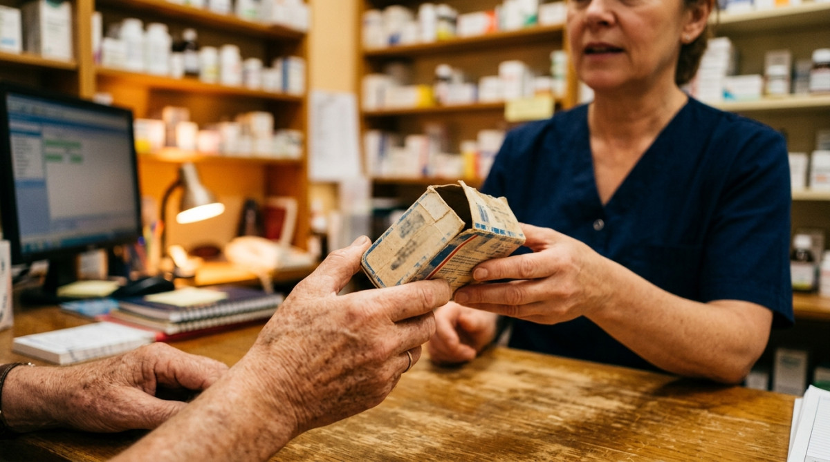 Patient montrant une ancienne boîte de médicament au pharmacien