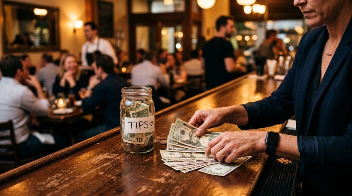 Patron comptant les pourboires à la caisse du restaurant