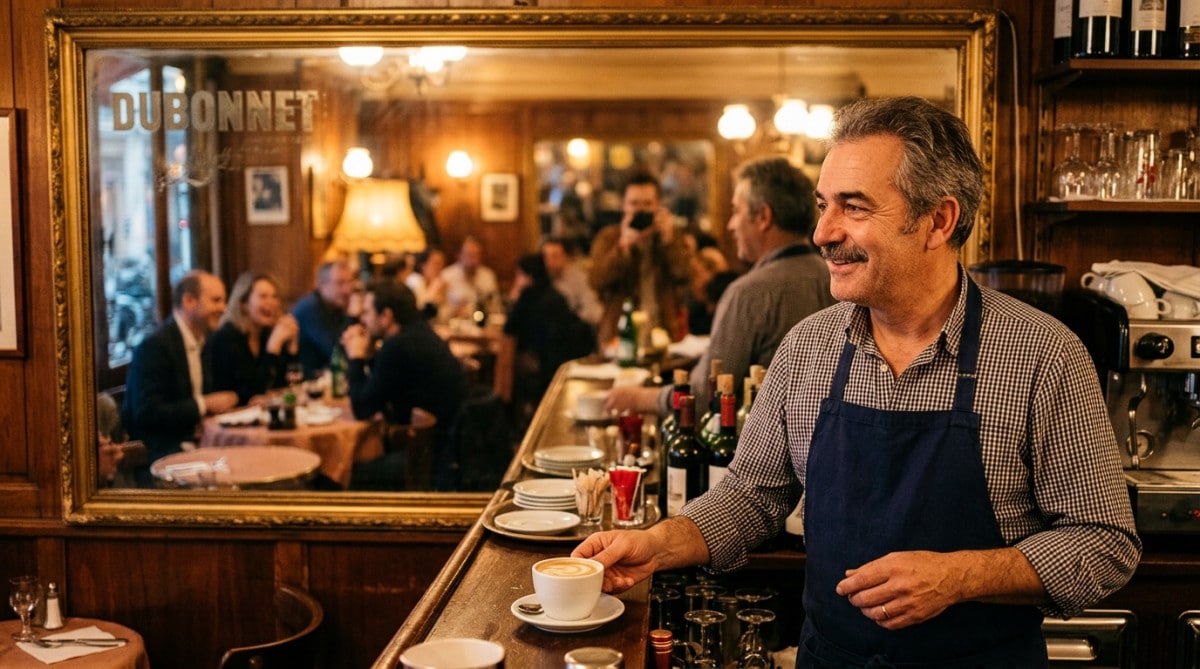Patron de café surveillant la salle grâce au miroir mural