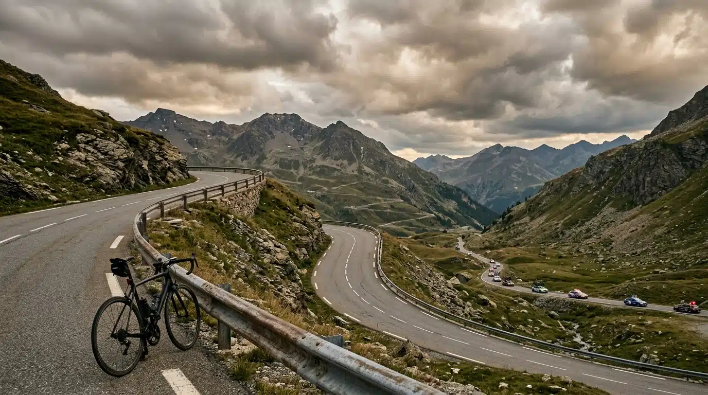 Vélo de course abandonné sur une route de montagne