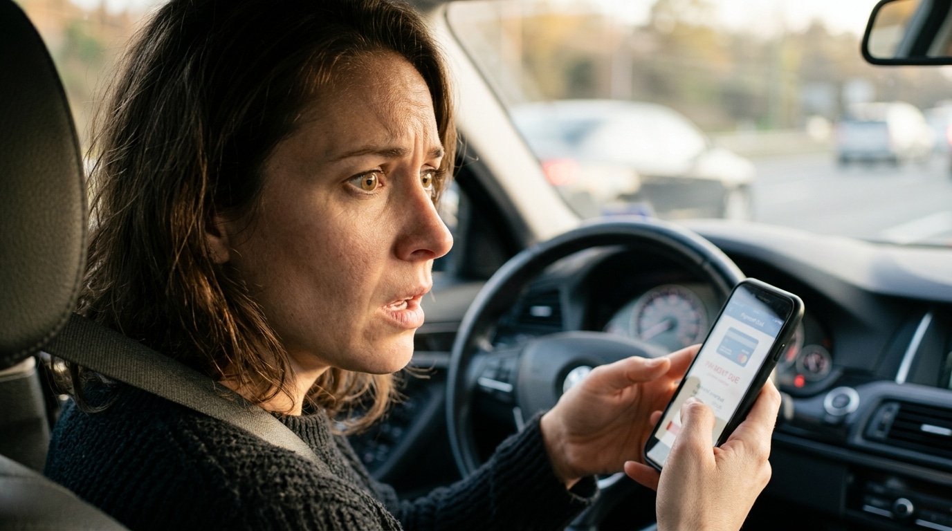 Automobiliste inquiet consultant son téléphone dans sa voiture
