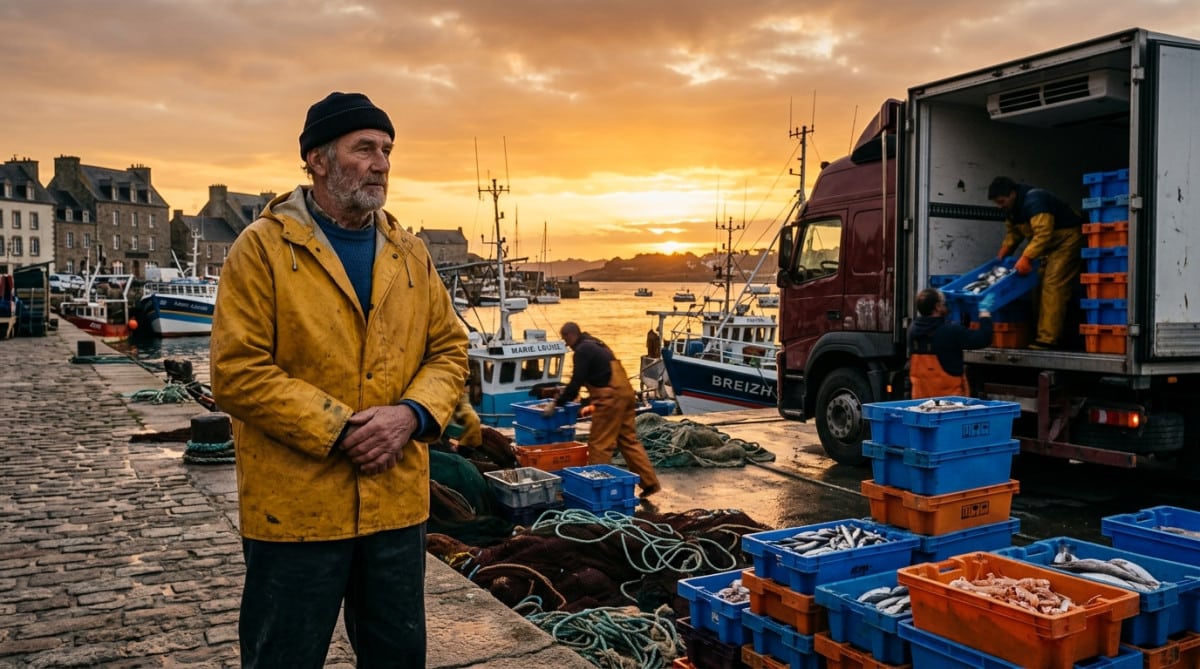 Pêcheur breton pensif face aux caisses de poisson exportées