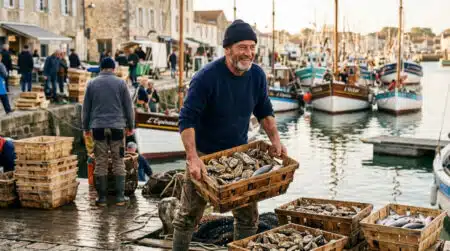 Pêcheur souriant déchargeant des huîtres en Nouvelle-Aquitaine