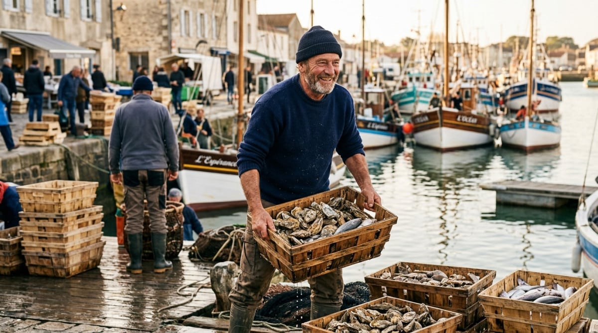 Pêcheur souriant déchargeant des huîtres en Nouvelle-Aquitaine