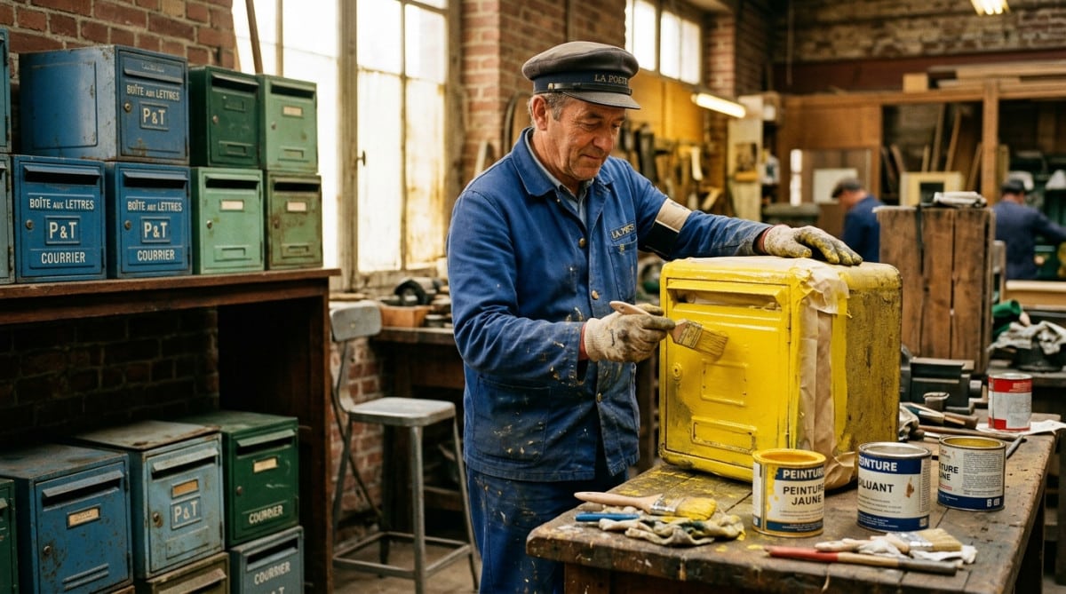 Peinture d'une boîte aux lettres en jaune postal en 1958