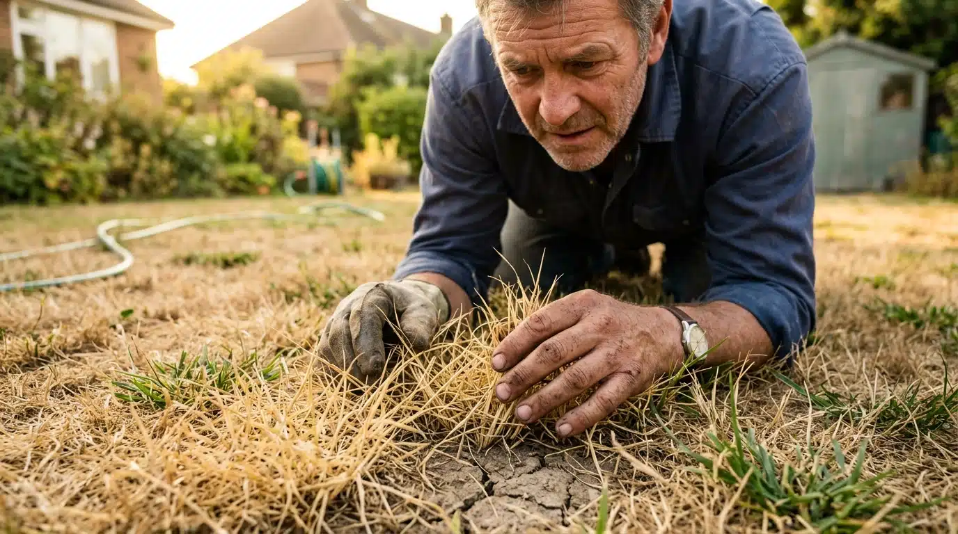 Pelouse jaunie et abîmée par la canicule de l'été