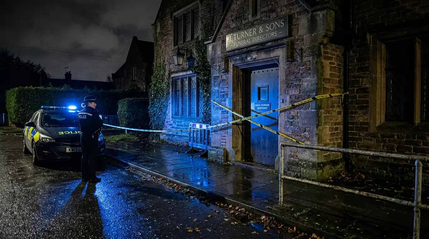 Funérarium anglais de nuit avec bande de police