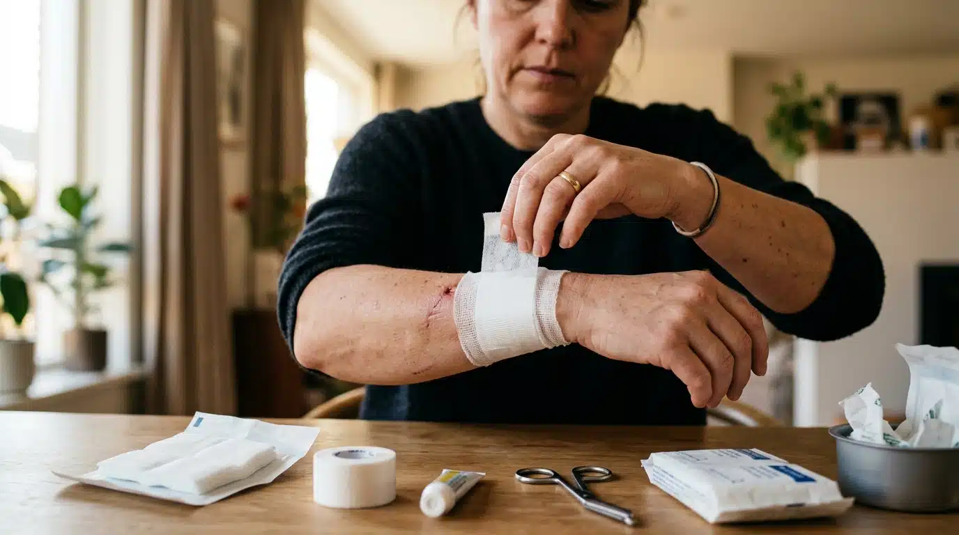 Femme changeant un pansement médical sur son bras