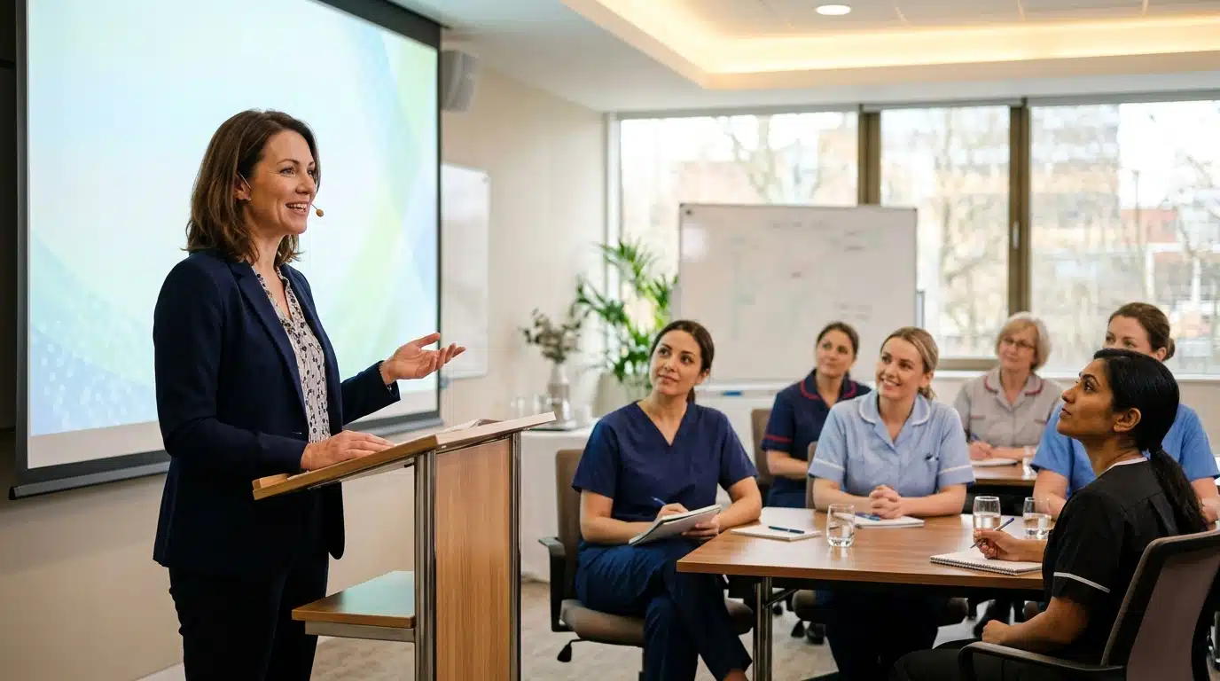 Femme donnant une conférence de sensibilisation à des infirmières