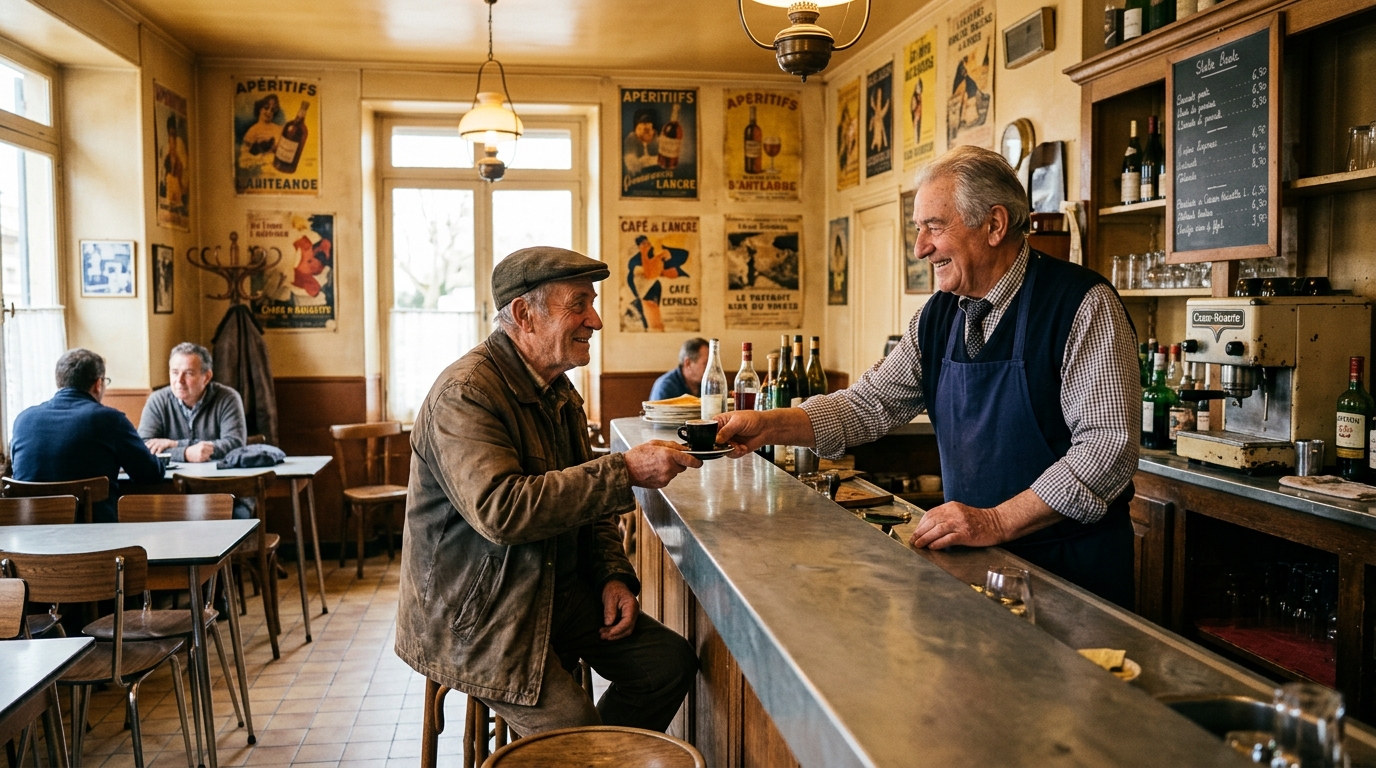Café de village authentique avec comptoir en zinc