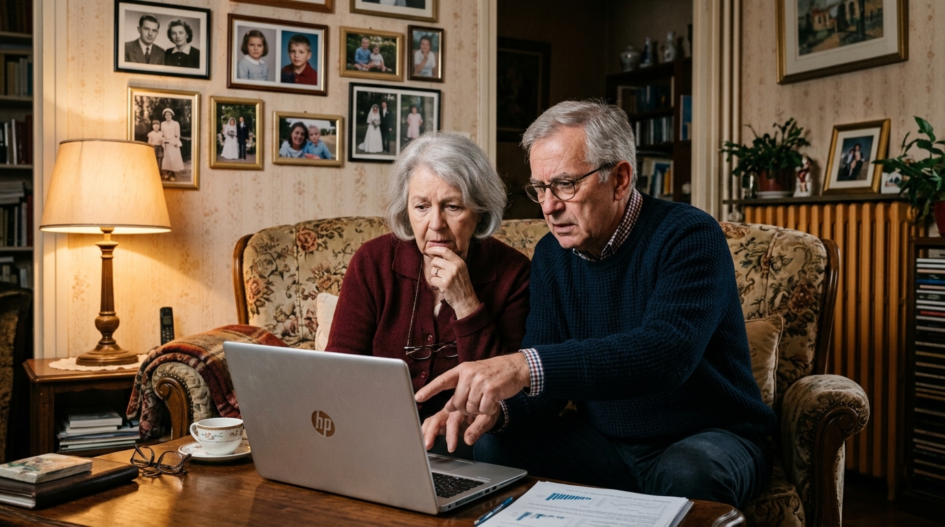 Couple de retraités consultant leur compte bancaire ensemble