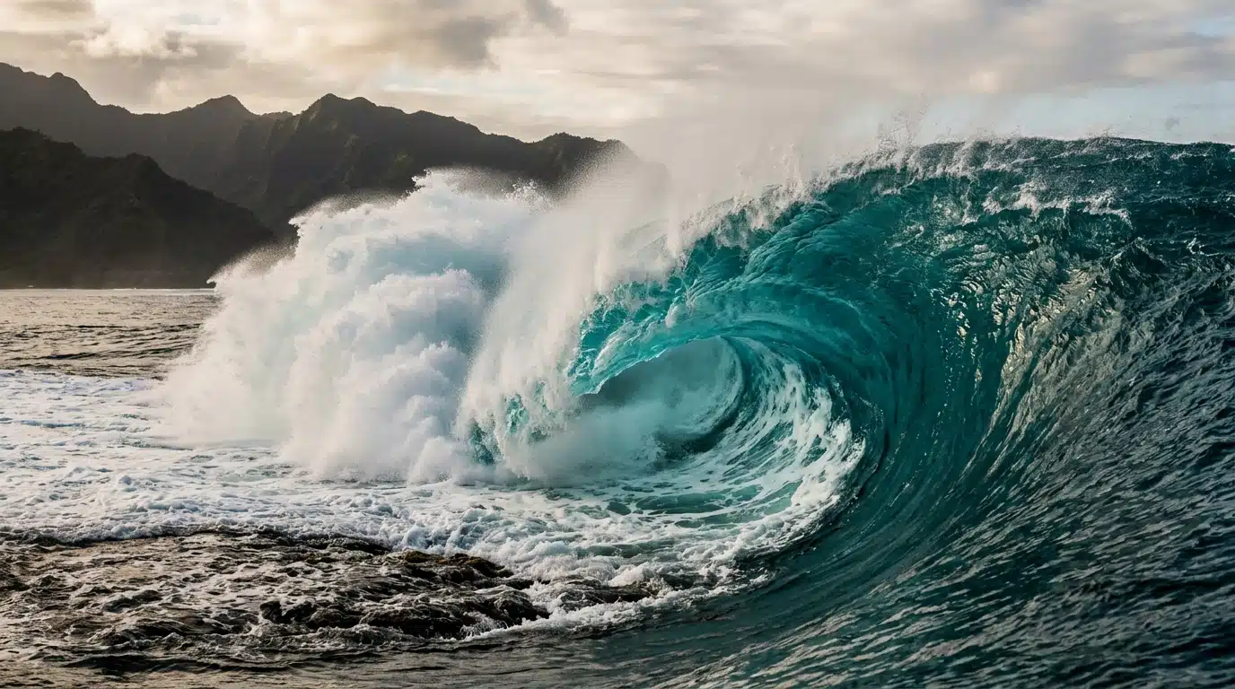 Vague massive se brisant sur le récif de Teahupoo