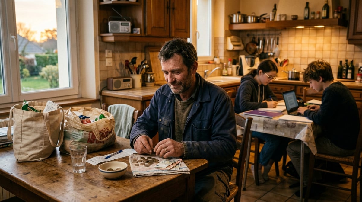 Père de famille comptant son budget dans la cuisine