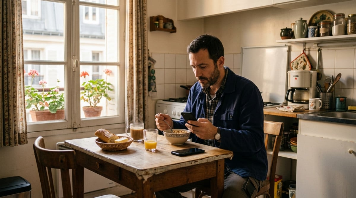Père de famille prenant son petit-déjeuner seul le matin