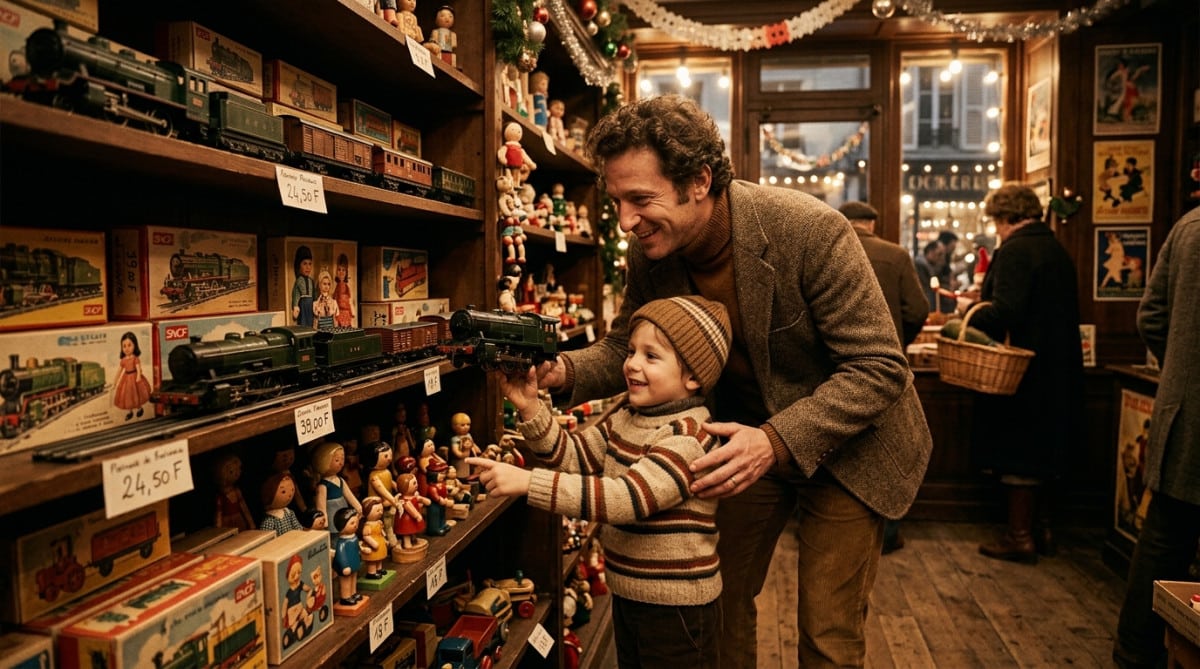 Père et fils dans un magasin de jouets des années 70