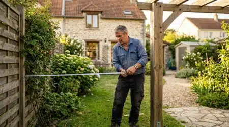 Homme mesurant la distance entre pergola et clôture voisine