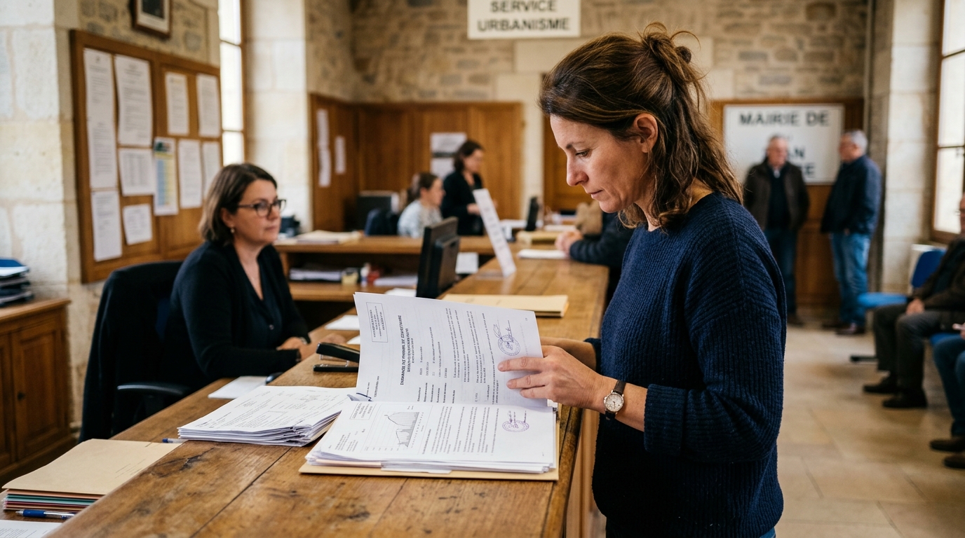 Femme consultant les documents d'urbanisme en mairie