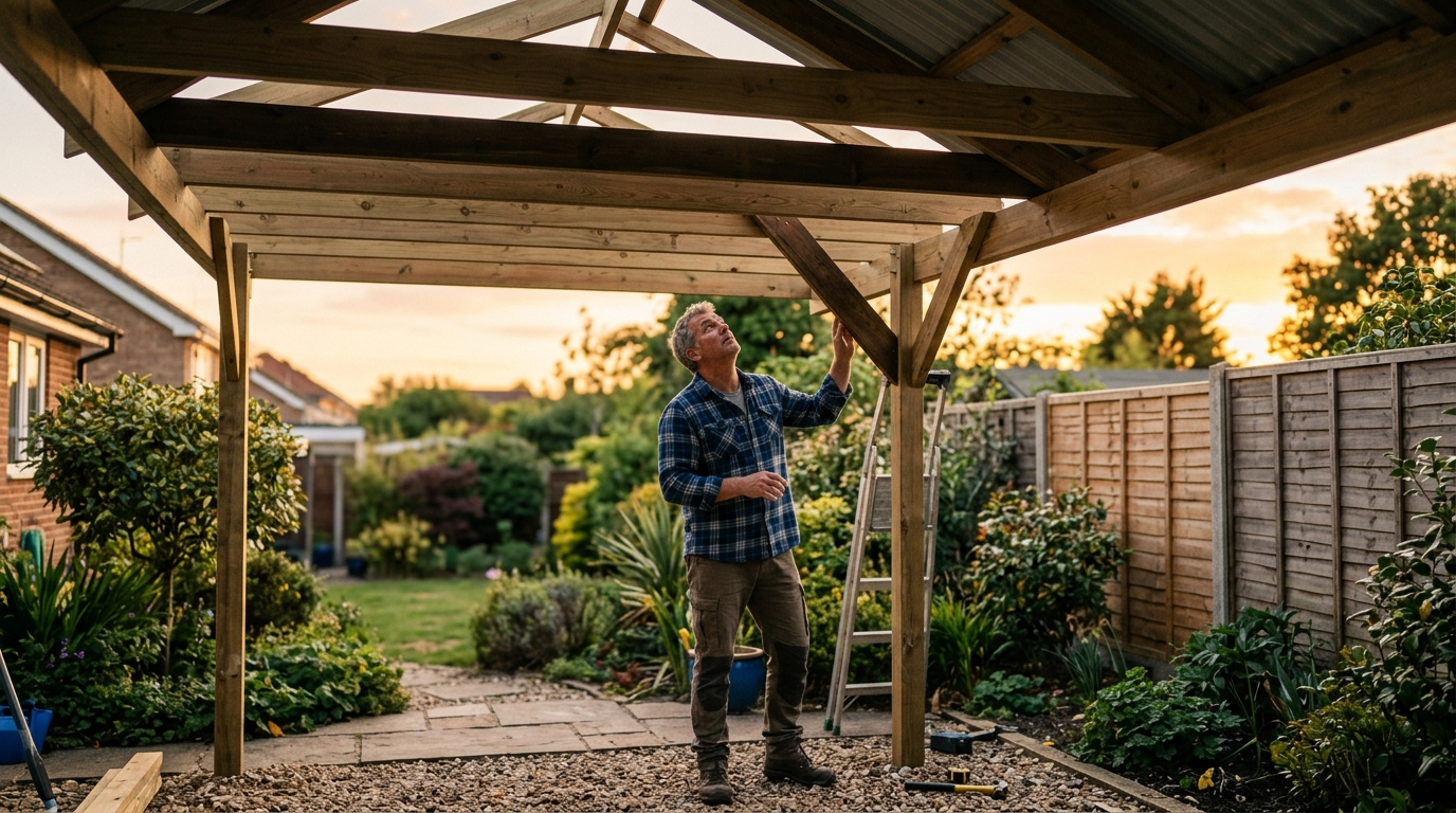 Propriétaire vérifiant la hauteur de son carport en bois