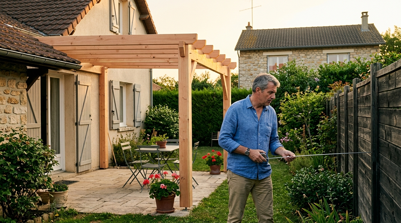 Propriétaire mesurant la distance de sa pergola avec la clôture
