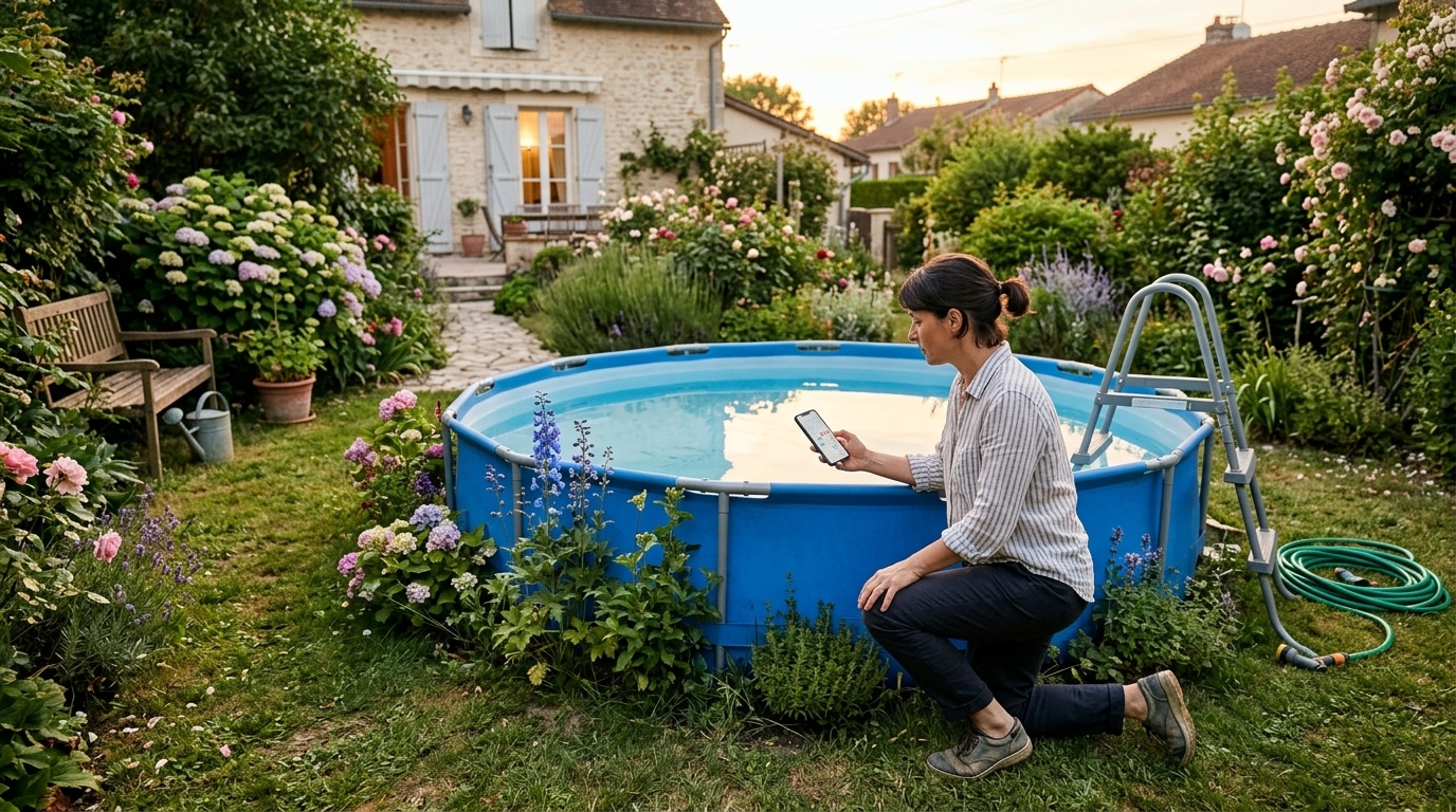 Femme vérifiant la durée d'installation de sa piscine hors-sol
