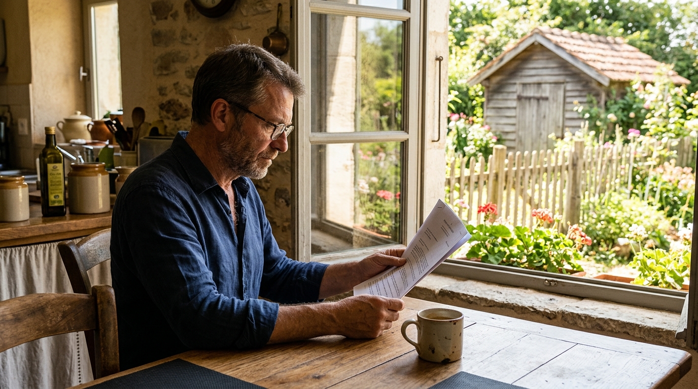 Homme consultant un document d'urbanisme près de son jardin