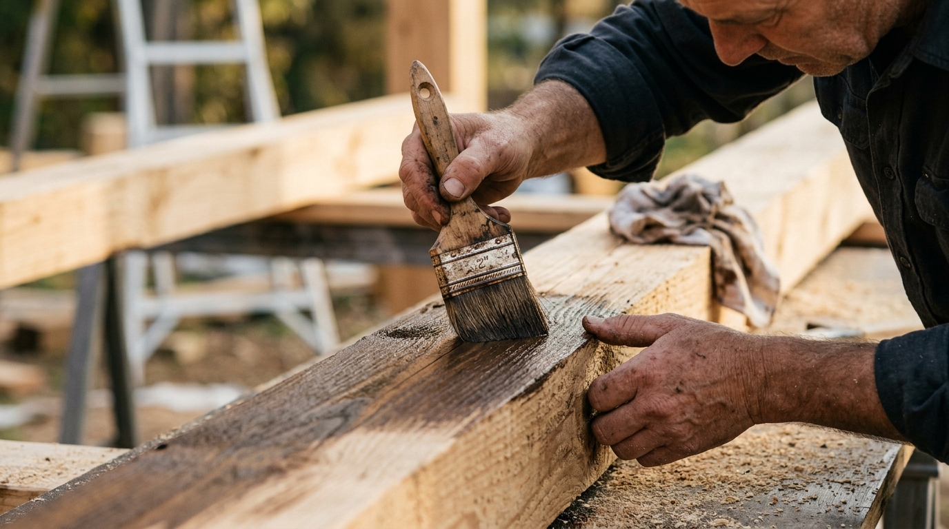 Mains appliquant une lasure protectrice sur une poutre en bois