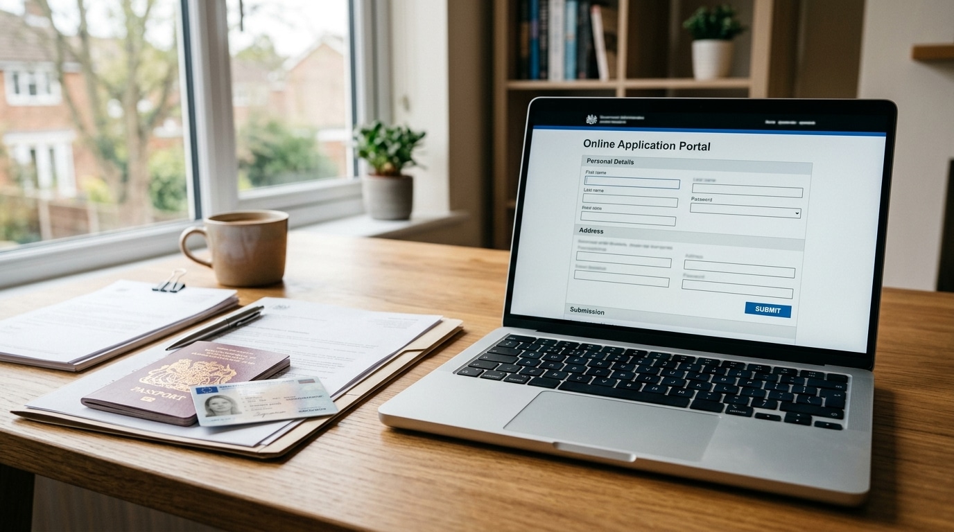Documents administratifs et ordinateur pour démarche en ligne