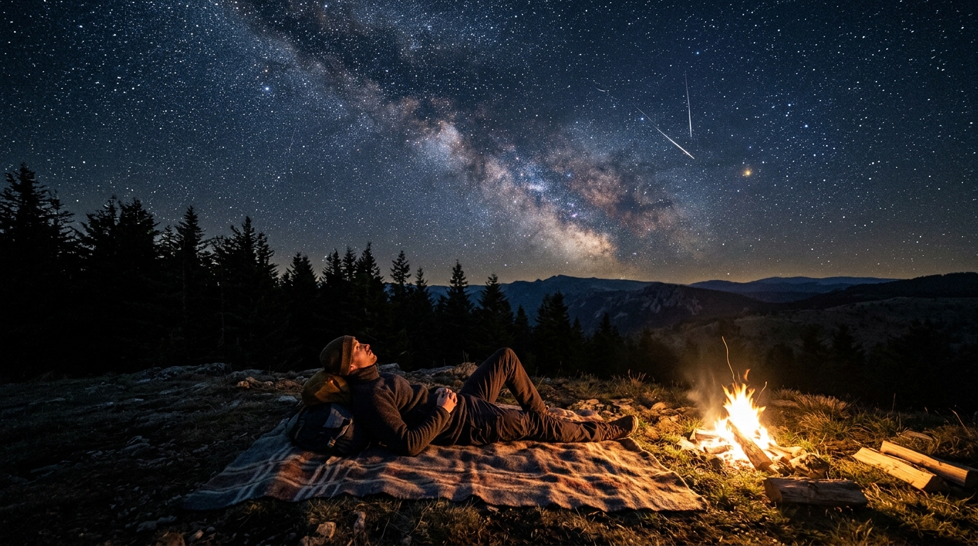 Observateur allongé sous un ciel étoilé dans les Cévennes