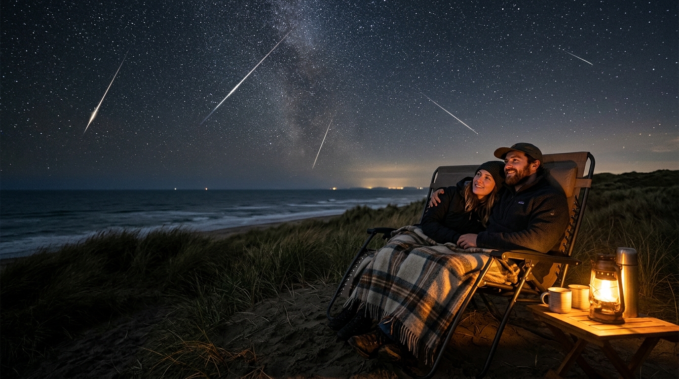Couple observant les étoiles filantes sur une dune côtière
