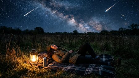 Personne allongée observant une pluie d'étoiles filantes la nuit