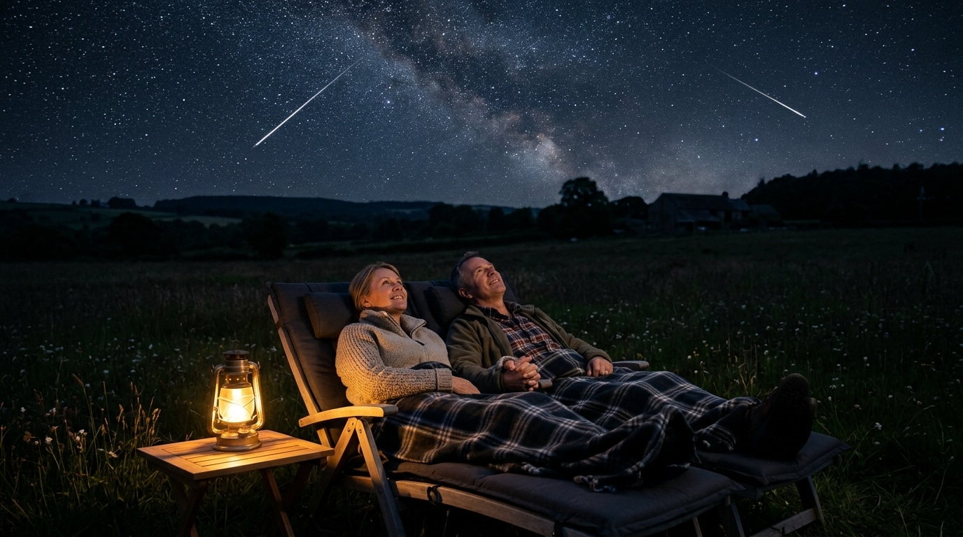 Couple observant les Perséides allongé dans un champ nocturne