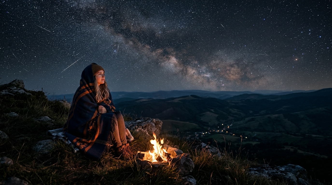 Jeune femme regardant les étoiles filantes vers le nord-est