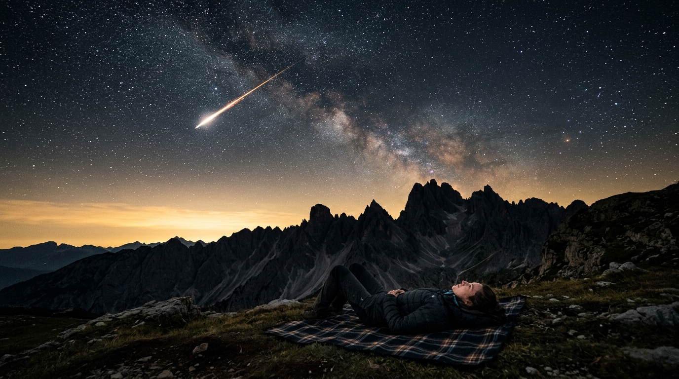 Ciel étoilé avec une étoile filante au-dessus des montagnes