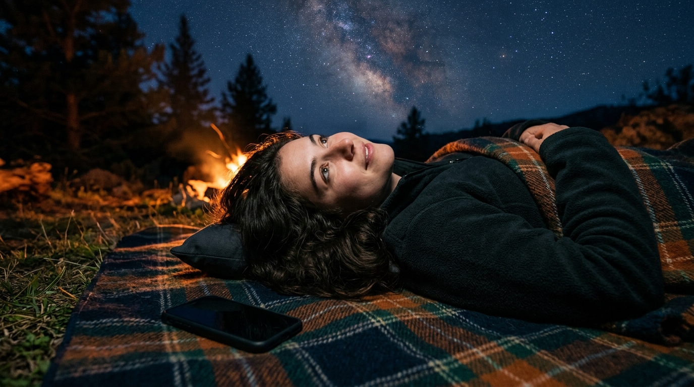 Jeune femme allongée observant le ciel étoilé la nuit