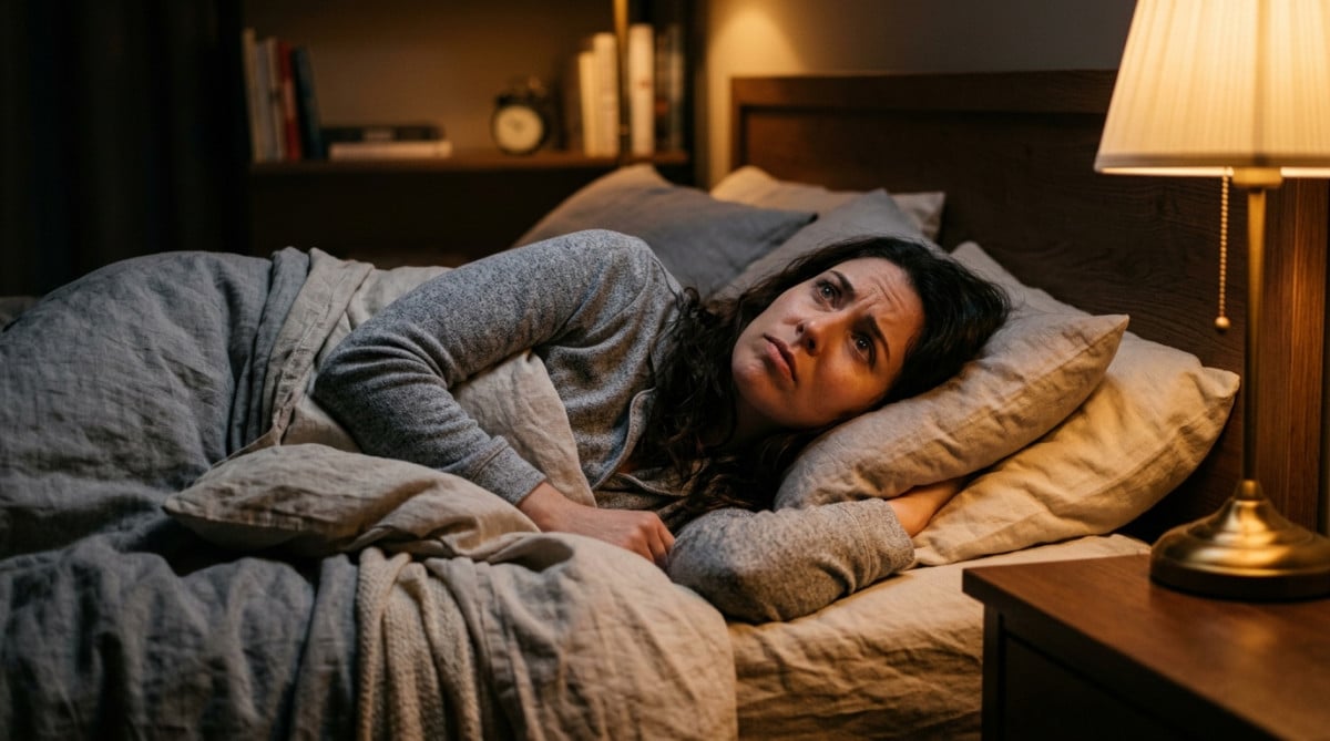 Personne allongée éveillée la nuit pensées qui tournent