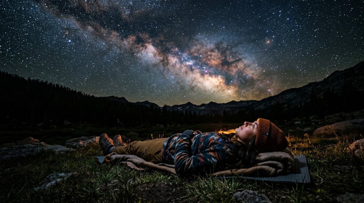 Personne allongée observant la Voie lactée étoilée la nuit