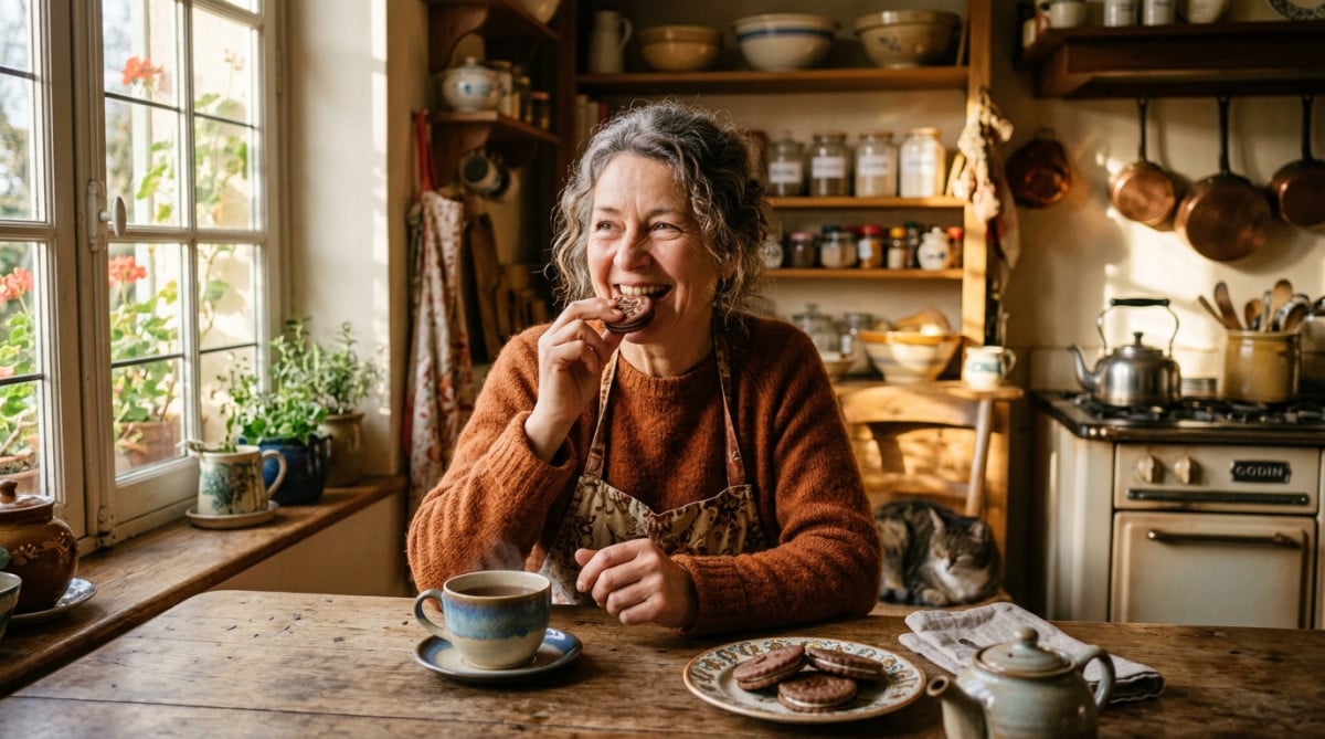 Personne dégustant un biscuit sandwich au chocolat avec du thé