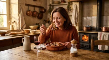Personne dégustant un plat traditionnel salé à table