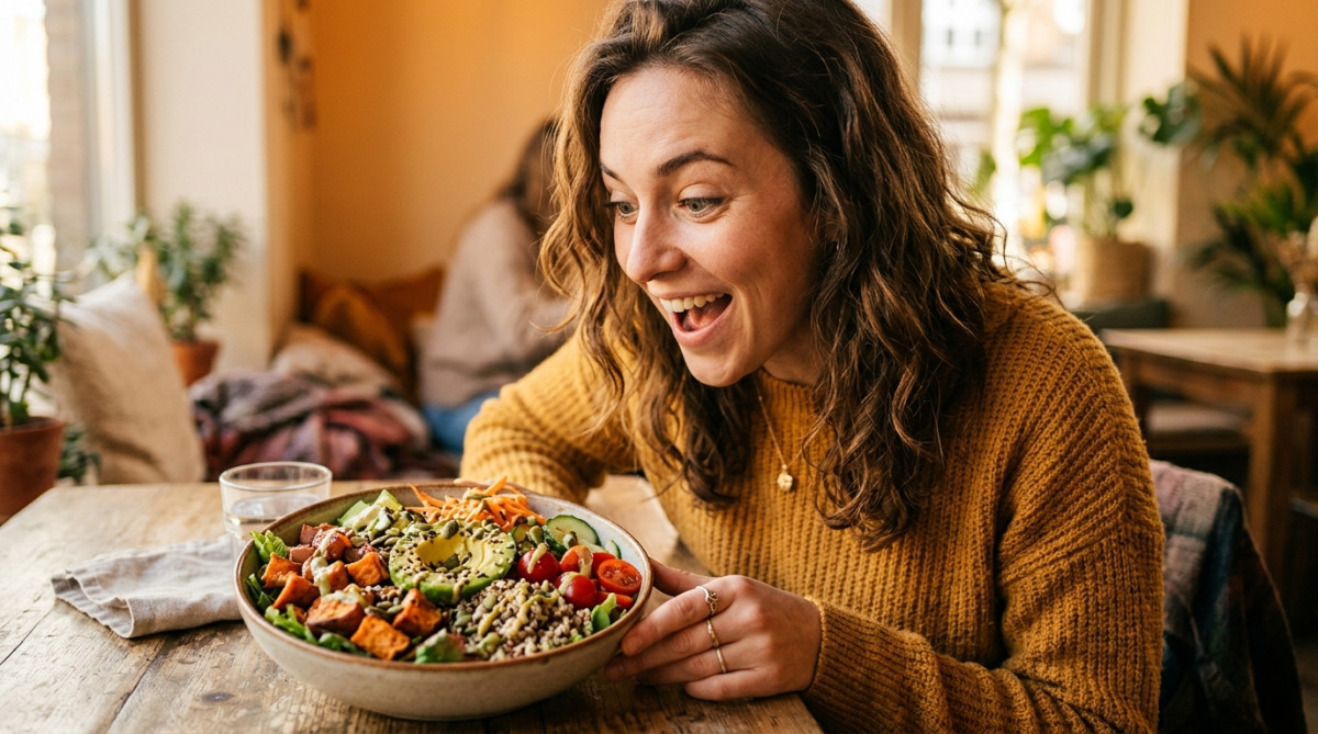 Personne émerveillée devant un repas coloré et sain