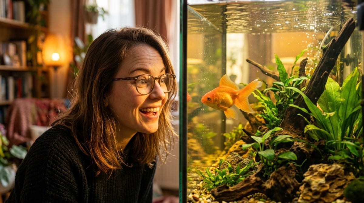 Personne émerveillée observant un poisson rouge dans un bel aquarium