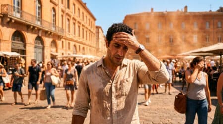 Personne en pleine chaleur sous un soleil intense en France
