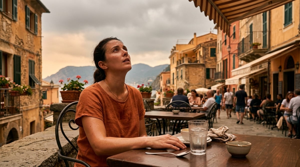 Personne en terrasse sous ciel couvert et chaleur