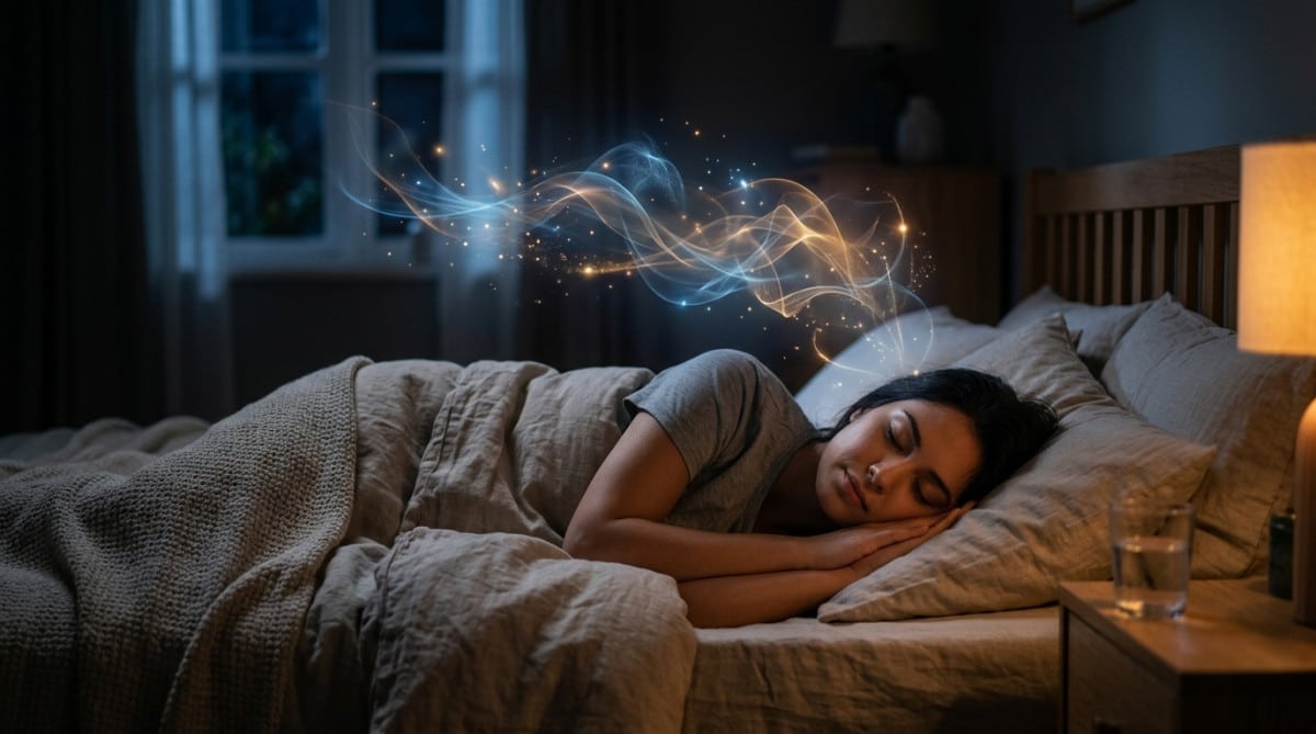 Personne endormie avec des images de rêve qui s'évaporent