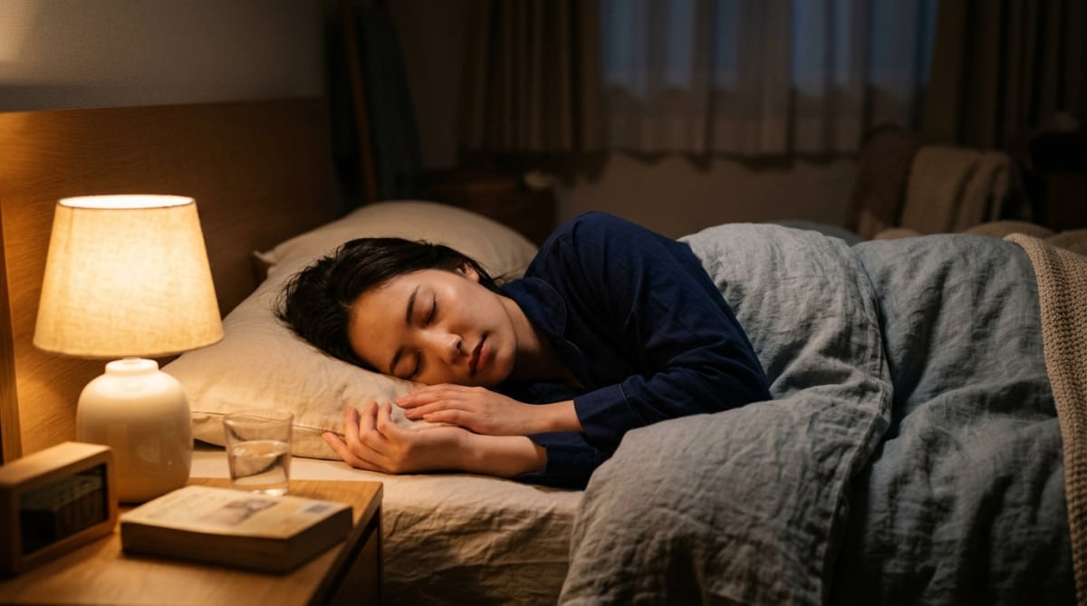 Personne endormie paisiblement dans une chambre éclairée doucement