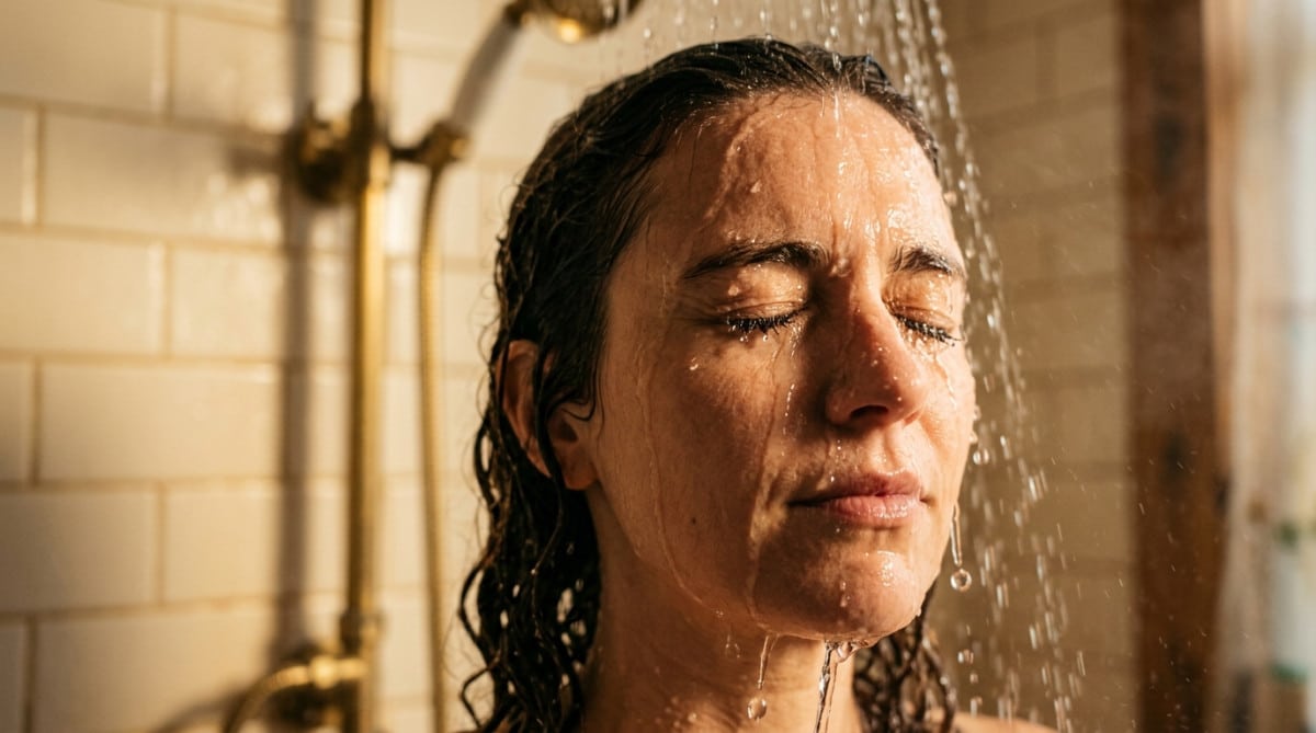 Personne les yeux fermés sous l'eau de la douche