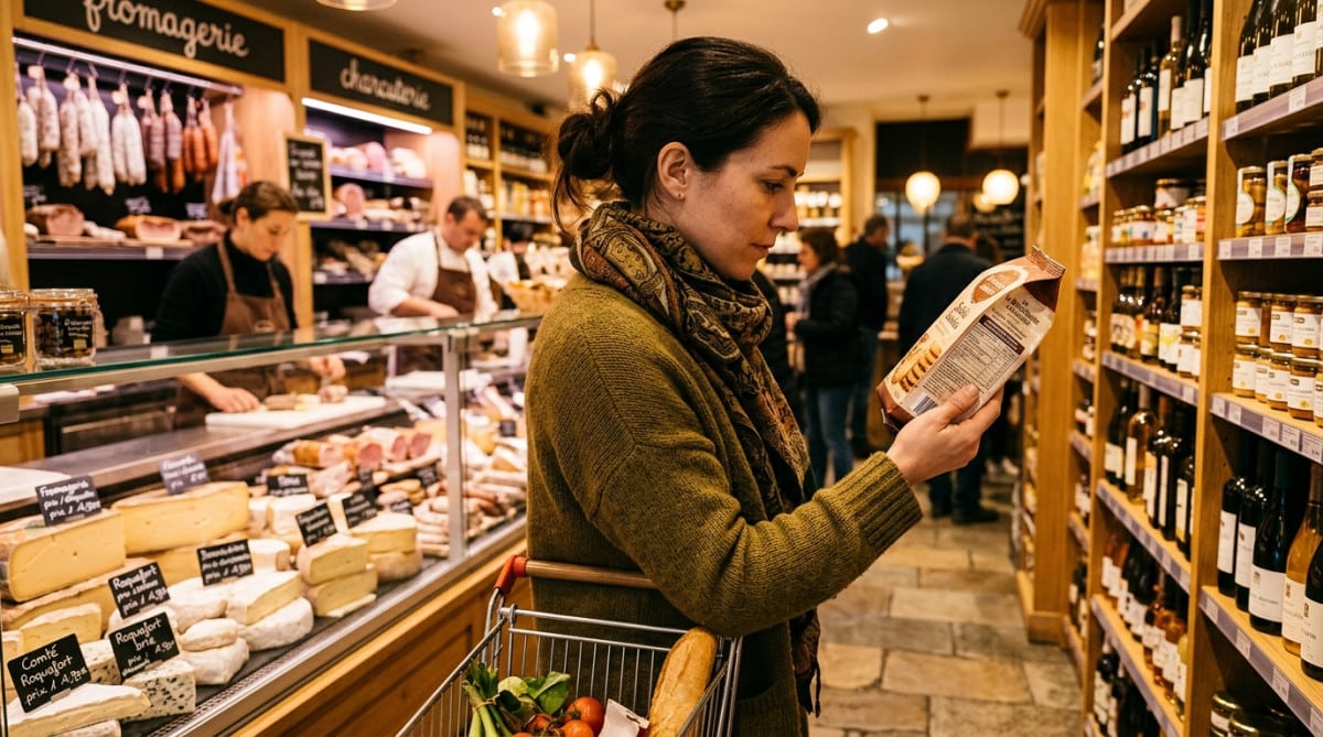 Personne lisant une étiquette nutritionnelle en supermarché
