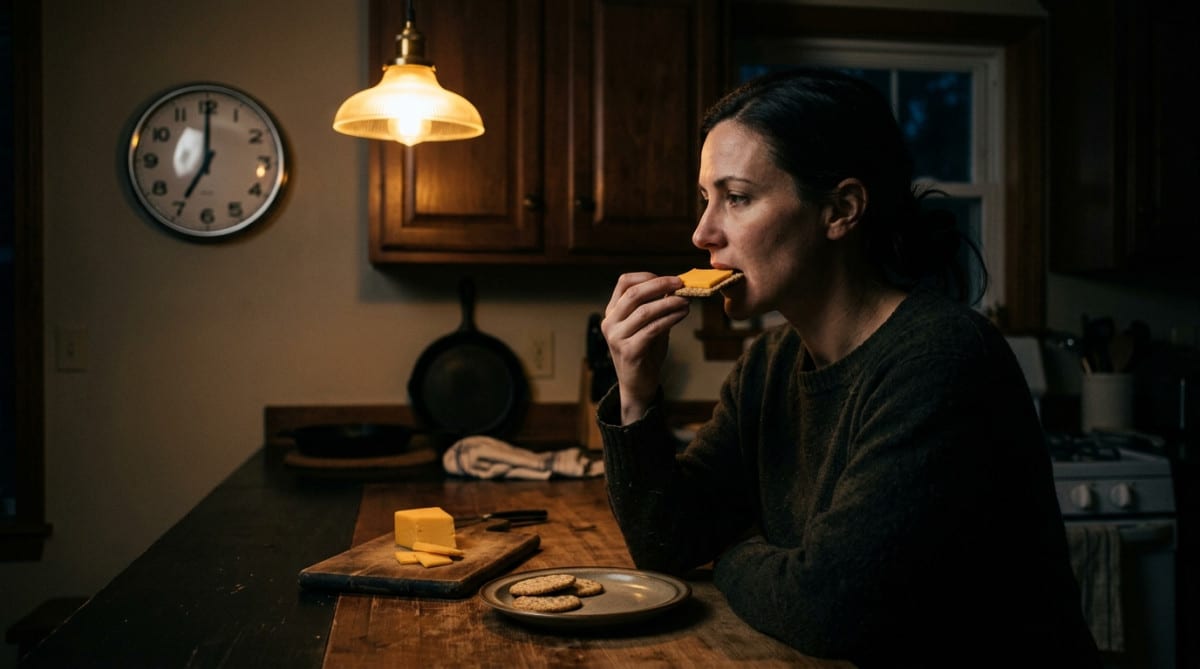Personne mangeant du fromage tard le soir dans sa cuisine