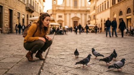 Personne observant des pigeons adultes sur une place